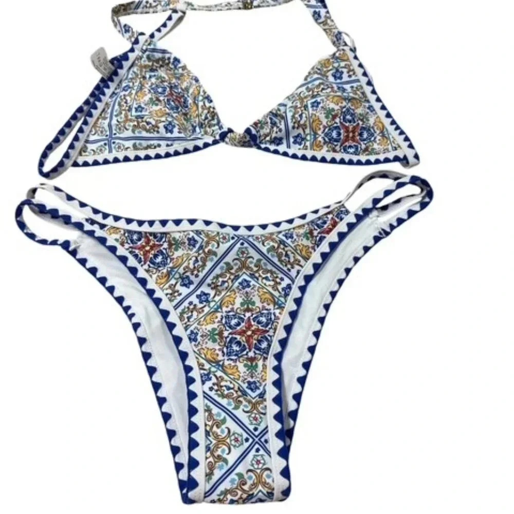 NWT BIKINX Matching Top and Bottom Bikini Set Blue Paisley Print Size Large